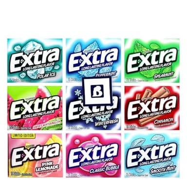 Assorted Chewing Gum, Variety pack Of Extra Long Lasting Flavors, Sugar Free, Receive 8 Flavors plus 1 Extra pack (9 Pack), 1 Sticker Of Our Logo, Package by Bitetwist