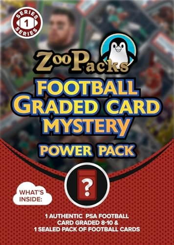 PSA Football Graded Card Mystery Pack | PSA Graded Football Card + 1 Sealed Pack of Cards | Grade 8+ Guaranteed | Contains One Graded Vintage, Rookie, Legend or Current Star | by Zoo Packs