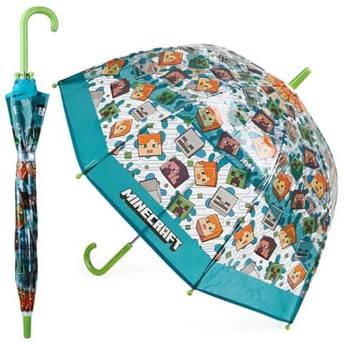 Minecraft Stick Umbrella for Kids, Clear Dome with J-Shaped Handle - Boys Gifts (Blue/Transparent)
