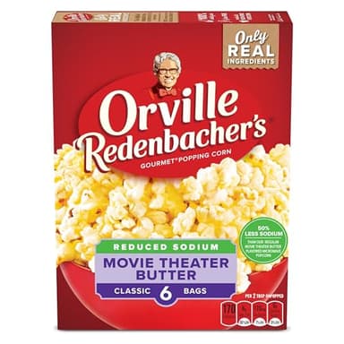 Orville Redenbacher’s Microwave Popcorn, Reduced Sodium Movie Theater Butter Flavor, 3g Fiber Per Serving, 19.74 oz., 6-Count