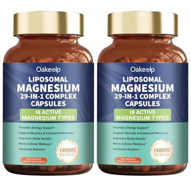 2 Pack 29-in-1 Liposomal 18 Active Types Magnesium Complex 1400MG Capsule,L-Threonate Glycinate Malate etc,Mild & Efficient,Extra Vitamin B6 B12 D3K2 & CoQ10, Relaxation Nerve* & Hert* Support
