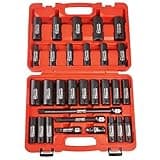 EPAuto 1/2-Inch Drive SAE (3/8-1 inch) | Metric (10-24 mm) Deep Impact Socket Set | Extension Bar | Universal Joint, Cr-V, 6 Points, 30 Pieces