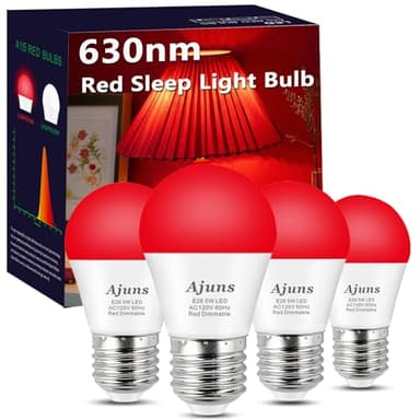 Ajuns LED Red Sleep Light Bulb Dimmable, 100% Blue Light Blocking Bulb 630nm Promoting Melatonin Red Light Bulbs, A15 5W E26 Base Dim Light Bulbs for Bedroom, Baby Nursery,4 Packs