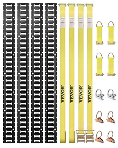 VEVOR E-Track Tie-Down Rail Kit, 5' E Tracks Set, 16Pcs Includes 4 Steel Rails & 2 Single Slots & 6 O-Rings & 4 Tie-Offs w/D-Ring & 2 Ratchet Straps, Cargo Motorcycles Bikes Securing Accessories