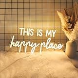 Neon Lights for Wall Decor - This Is My Happy Place Neon Signs for Teen Girls Bedroom Decor, Led Sign for Wall Decor, Nightstand Light, Dimmable Switch USB Power, Adhesive Hook Included