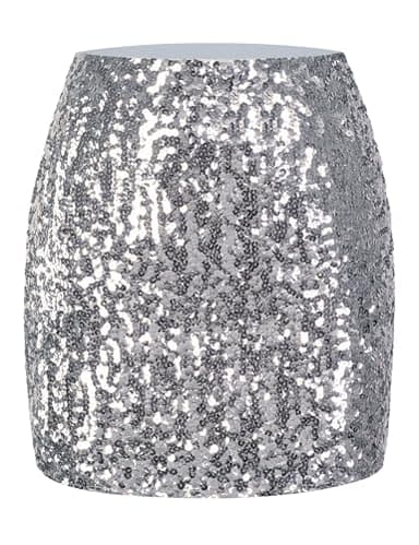 MANER Women's Sequin Skirt Sparkle Stretchy Bodycon Mini Skirts Night Out Party (S/US 4-6, Silver Grey)