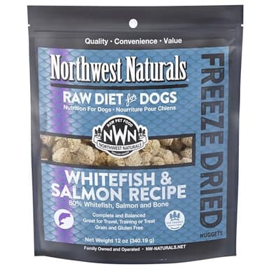 Northwest Naturals Freeze-Dried Whitefish & Salmon Dog Food - Bite-Sized Nuggets - Grain-Free, High-Protein, Raw Diet, Human-Grade Ingredients, All Natural, Omega-3 for Skin & Coat, Made in USA, 12 Oz