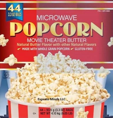 Express Minds LLC Microwave Popcorn, 3.3 oz, 44-count, Gluten free, Kosher, Whole Grain Popcorn, Movie theater butter