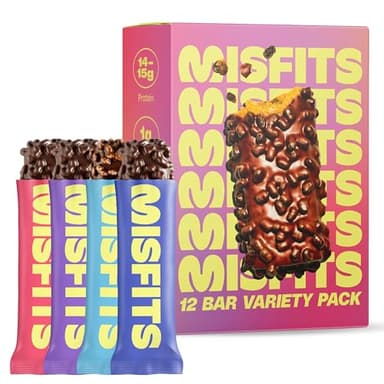 Misfits Protein Bar Variety Pack | Nutrition Bars - 14-15g Protein, 1g Sugar, Plant-based, Low Carb, Non-GMO, Gluten Free Snacks | Vegan Protein Bars | Pack of 12, Multiple Flavors