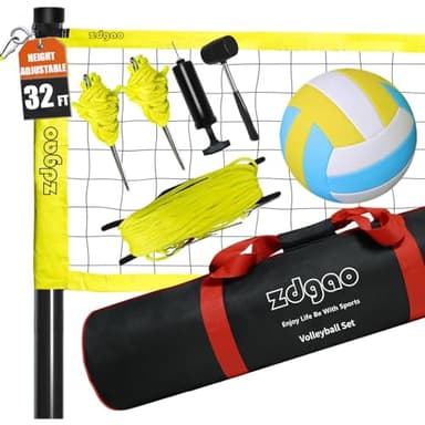 Outdoor Portable Volleyball Net System - Adjustable Height Poles with Soft Volleyball Ball, Pump, Hammer, Boundary Line, and Carry Bag for Backyard, Beach, Lawn