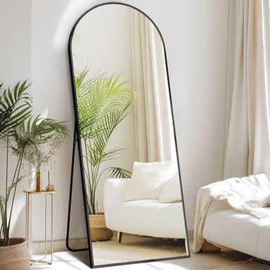 DUMOS 64"x21" Arched Full Length Mirror with Stand Floor Free Standing Aluminum Frame for Bedroom Body Hanging Leaning Modern Simple Home Decor Shatter-proorf Nano Glass Wall, Black-Rounded