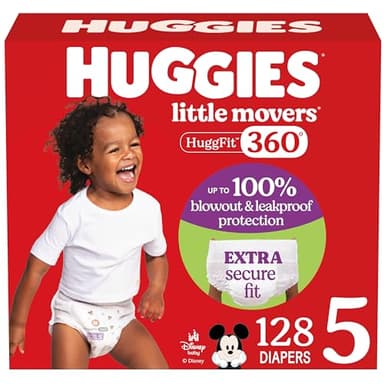 Huggies Size 5 Baby Diapers, Little Movers HuggFit 360° Baby Diapers with 360° Waistband, Size 5 (27+ lbs), 128 Count (2 Packs of 64), Packaging May Vary