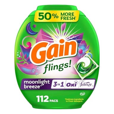 Gain Flings Laundry Detergent Pacs, 112 Count, Moonlight Breeze Scent, 3 in 1 HE Detergent Pacs with Oxi Boost and Febreeze