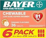Bayer Aspirin Low Dose 81 mg Chewable Tablets, Pain Reliever, Orange Flavored, 216 Tablets (6 Pack)