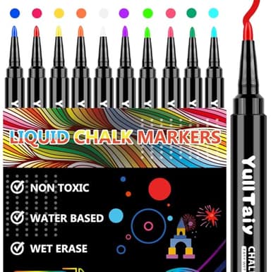 YullTaiy Liquid Chalk Markers for Acrylic Calendar Planning Board, Dry Erase Board Whiteboard, Glass, Mirror, 1mm Fine Points, Easy Wet Erase (10 Color)