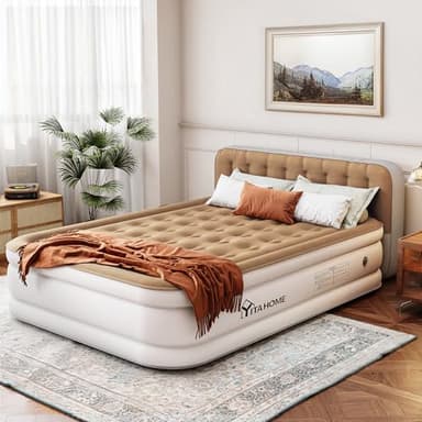 YITAHOME Queen Size Air Mattress with Pump and Headboard, 18in Luxury Flocked Top Blow up Mattress, Durable Inflatable Mattress for Home & Guest, Brown AirBed
