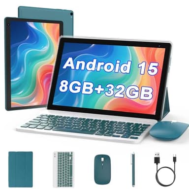 Android 15 Tablet 10 inch, 2 in 1 Tablet with Keyboard, 8GB RAM+32GB ROM Support 1TB Expandable Tablets PC, Quad-Core CPU, HD Screen, BT, WiFi, Long Battery Life Tablets with Case Mouse Stylus, Navy