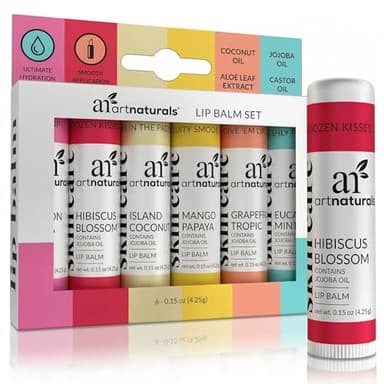 ArtNaturals Beeswax Lip Balm Gift Set – 6 Pack Assorted Flavors with Coconut Oil, Aloe & Jojoba Oil – Hydrating, Nourishing, Natural Lip Care