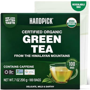 HANDPICK, Organic Green Tea Bags - 100 Eco-Friendly Tea Bags | USDA Organic | Resealable Pack for Freshness | Delicate & Flavory | Direct From India