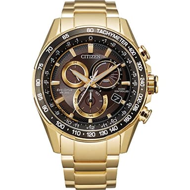Citizen Men's Eco-Drive Sport Luxury PCAT Chronograph Watch, Atomic Timekeeping Technology, in Gold-Tone Stainless Steel, Perpetual Calendar, Black Dial (Model: CB5912-50E)