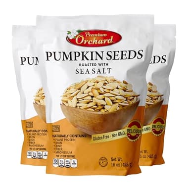 ROASTED PUMPKIN SEEDS to Eat in Shell by Premium Orchards MIXED NUTS - Salted with Sea Salt - Non-GMO Vegan Fresh Healthy Snacks/ - Great source of Plant Protein, Zinc, Magnesium & Iron (Value Pack - 3 Bags)