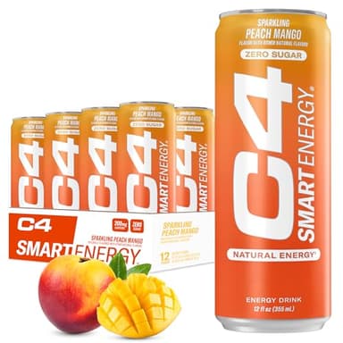C4 Smart Energy Drink - Sugar Free Performance Fuel & Nootropic Brain Booster, Coffee Substitute or Alternative | Peach Mango Nectar 12 Oz - 12 Pack