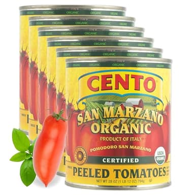 Cento Organic Certified San Marzano Whole Peeled Tomatoes 28 Oz (Pack of 6), Canned Plum Tomatoes in Thick Puree with Basil, Grown and Processed in Italy