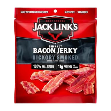 Jack Link's Bacon Jerky, Hickory Smoked - Flavorful Ready to Eat Meat Snack with 11g of Protein per Serving, Made with 100% Thick Cut Real Bacon, Protein Snack, Keto Friendly, 2.5 oz.