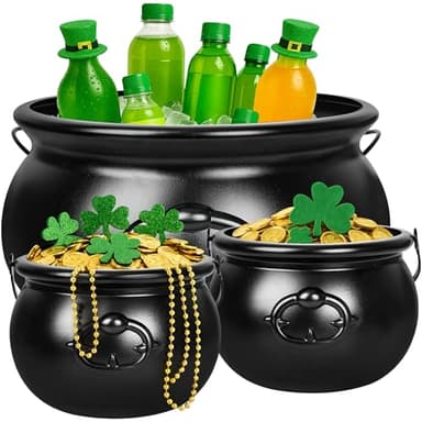 3PCS St Patrick's Day Cauldron, 12.6" and 7.68" Plastic Cauldron Irish Festival Coins Candy Holder, Reusable Pot of Gold Bucket Lucky Leprechaun Themed Treat Pot for St Patrick's Day Decorations