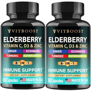 2 Pack Elderberry Immune Support Supplement 8-in-1 Formula with Echinacea, Vitamin C & Zinc, Vitamin D 5000 IU, Turmeric, Ginger, Ashwagandha – 60 Capsules Each