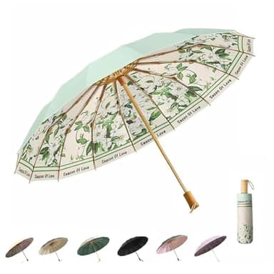 Compact Umbrellas For Rain And Sun UPF 50+ UV Protection Windproof waterproofing and Strong Travel Essentials for Men Womens Umbrella 16 Ribs Wooden Handle Flower Travel Umbrella Compact Birthday Gifts For Women