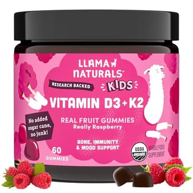 Llama Naturals Kids Vitamin D3 K2 Gummies, Vegan, Organic, Children Toddler Vitamin D Gummies, Real Fruit Gummy Vitamins, No Added Sugar Cane, Raspberry, 60 Ct