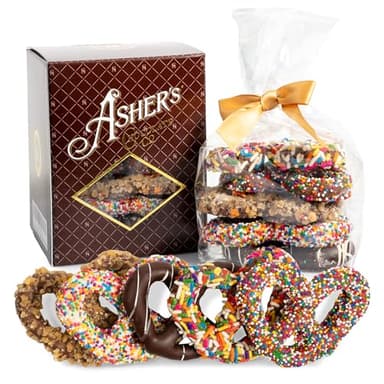 Asher's Chocolates, Chocolate Covered Pretzels Gift Basket, Holiday Assortment of Candy, Small Batches of Kosher Chocolate, Family Owned Since 1892, Improved Box Design (Milk & Dark)