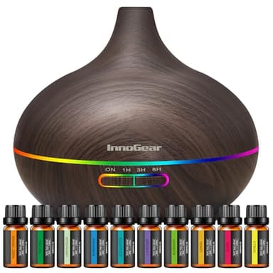 InnoGear Aromatherapy Diffuser & 10 Essential Oils Set, 400ml Diffuser Ultrasonic Diffuser Cool Mist Humidifier with 4 Timers 7 Colors Light Waterless Auto Off for Valentine's Gift, Dark Wood Grain