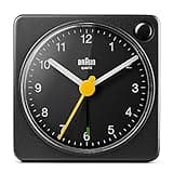 Braun Classic Travel Analogue Alarm Clock with Snooze and Light, Compact Size, Quiet Quartz Movement, Crescendo Beep Alarm in Black, Model BC02XB.
