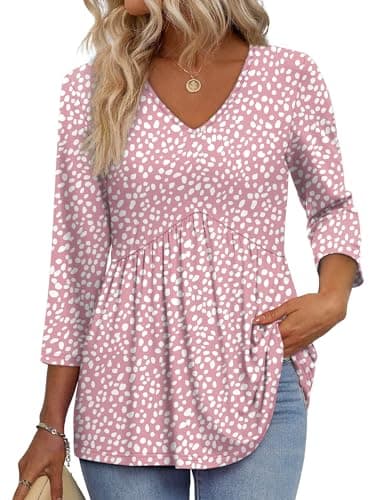 OFEEFAN 3/4 Length Sleeve Womens Tops 2025 Summer Outfits Fall Fashion Clothing V Neck Tunic Tops Boho Top Teacher Outfits Peplum Tshirts Shirts for Women Empire Waist Top Valentine Pink Dot M