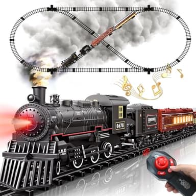 Train Set - Remote Control Train Toys w/Luxury Track & Lighting Passenger Carriage, Rechargeable Battery Train Sets w/Smoke,Whistle & Lights, Toys Decoration for 3 4 5 6 7 8 Boys Girls