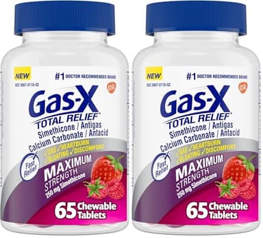 Gas-X Total Relief Chewable Tablets with Maximum Strength Gas Relief Simethicone 250 mg and Heartburn-Relief Calcium Carbonate 750 mg,Bloating-Relief,Mixed Berries -,65 Count (Pack of 2)