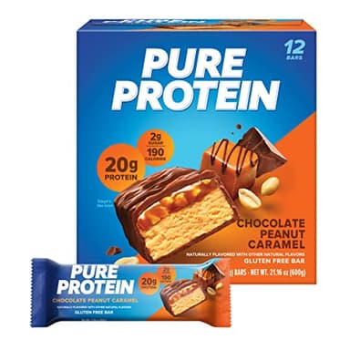 Pure Protein Chocolate Peanut Caramel Protein Bars – 20g Protein, 3g Sugar, 190 Calories (12 count) Low Sugar* High Protein Snack - Gluten Free - Perfect for a Healthy Snack