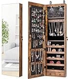 Byroce 47.5''H Jewelry Armoire, Over the Door/Wall Mounted, Full Length Mirror with Jewelry Storage, 2-LED Lockable Jewelry Cabinet with 2 Drawers, Hanging Jewelry Organizer for Bedroom (Rustic Brown)