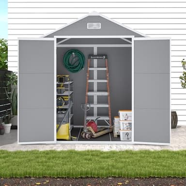 Resin Storage Shed 6x5ft, Outdoor Storage Sheds with Floor, HD Window, Lockable Doors and Vents, Tool Shed for Bike, Garden, Backyard,Lawn, All Weather Use (Grey, 6 * 5ft)