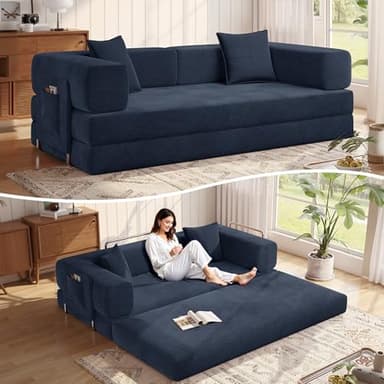 MoonSpeak 78.8''Sleeper Couch Bed for Livingroom,Convertible Modular Sofa with Armrest Pillow,Modular Foldable Corduroy Couches in a Box,No Assembly (Blue)