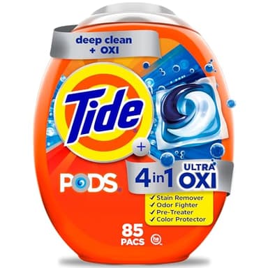 Tide 4-in-1 Ultra Oxi PODS Laundry Detergent Pacs, 85 Count, HE Compatible, Built in Pre-treater for Stains