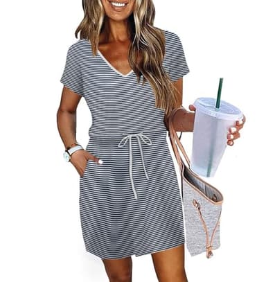 Dresses for Women Summer Beach Vacation Clothes Cruise Travel Essentials Outfits Resort Wear 2026 Womens Fashion Clothing Boho Maxi Midi Tennis Athletic A Line Striped Shirt Tshirt Navy Blue Dress L
