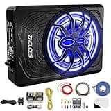 2025 Upgraded 10" 1200W Slim Under Seat Powered Car Subwoofer, Car/Truck Audio Sub Built in Amplifier for outstanding Heat Dissipation, Powerful bass and Blue LED Ambient Light enjoy Audio Experience