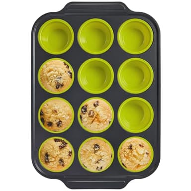 BRONYPRO Silicone Muffin Pans for Baking with Metal Frame, Egg Bite Maker Silicone Molds, Cupcake Pans 12 Regular Size, Muffin Tins Easy to Pop Nonstick Non Toxic Bakeware for Oven, Lime Green