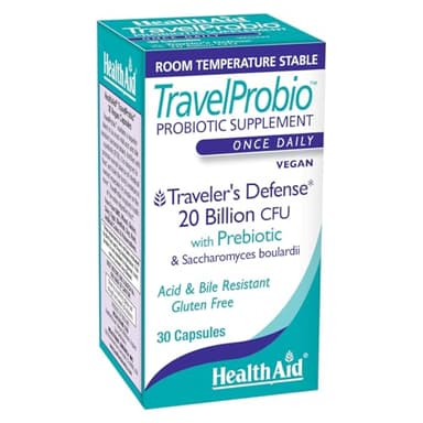 HealthAid TravelProbio 20 Billion CFU Probiotic – Saccharomyces boulardii + Prebiotic (FOS), Acid & Bile‑Resistant – Once‑Daily Vegan, Gluten‑Free, Room‑Temp Stable – Travel Digestive Support