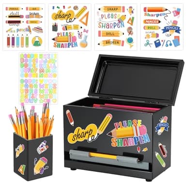 Pencil Dispenser for Classroom Stainless Steel Pencil Holder for Desk, Pencil Dispenser Set with Silicone Organizer & 5 Stickers, Back to School Classroom Must Haves Teacher Supplies (Black)