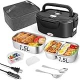 IXIIE Electric Lunch Box 80W Food Warmer for Work, 12V/24V/110V Portable Lunch Warmer for Adults with 2-Pack Stainless Steel Containers, Heated Lunch Box for Car/Truck/Office/Outdoors (Black+Black)