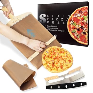Sliding Pizza Peel, Pizza Peel 12 Inch, Non-stick Pizza Slider Paddle with Pizza Cutter Rocker, Wooden Detachable Transfers Pizza Spatula for Indoor & Outdoor, 22" X 12" Pizza Board